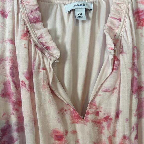 Pink & White Floral Dress Ruffled Neckline Smocked Waist Puff Sleeves, Romantic - Picture 5 of 7